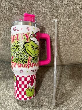 Pink Grinch Holiday Insulated Travel Mug with Handle and Straw